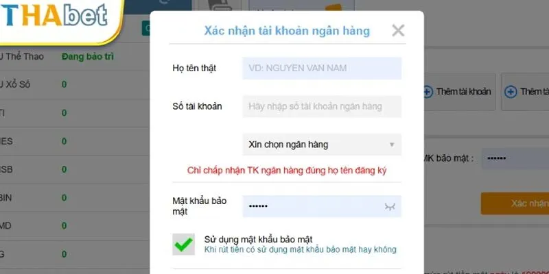 Thực hiện rút tiền Thabet nhanh qua ngân hàng